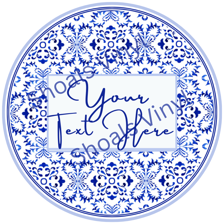 Blue and White Damask Floral Vinyl Sticker – Custom Text Elegant Pattern Decal – Classic Sticker
